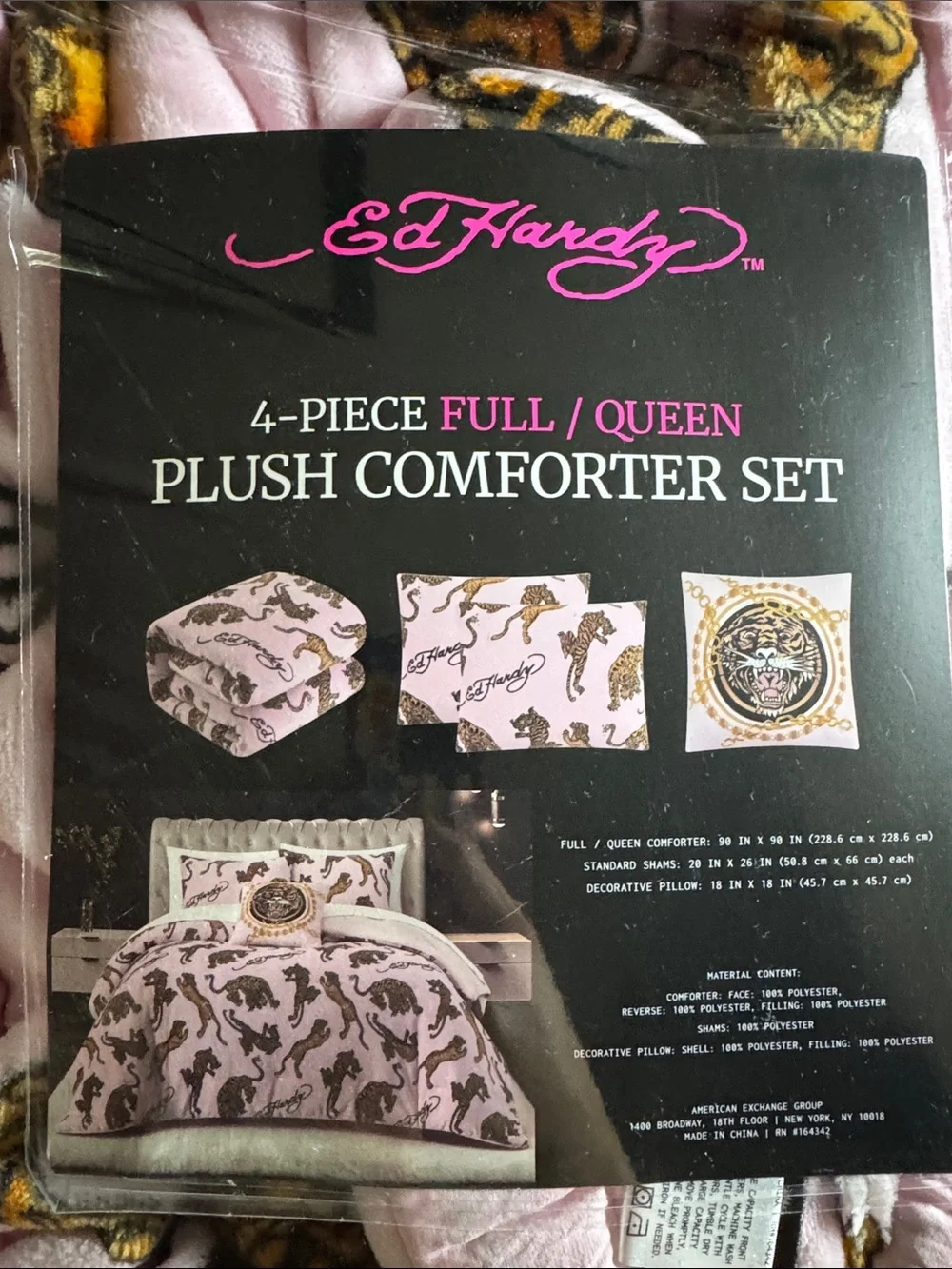 Ed Hardy 4 Piece Pink Full/Queen Luxurious Plush Comforter Set Tiger Designs